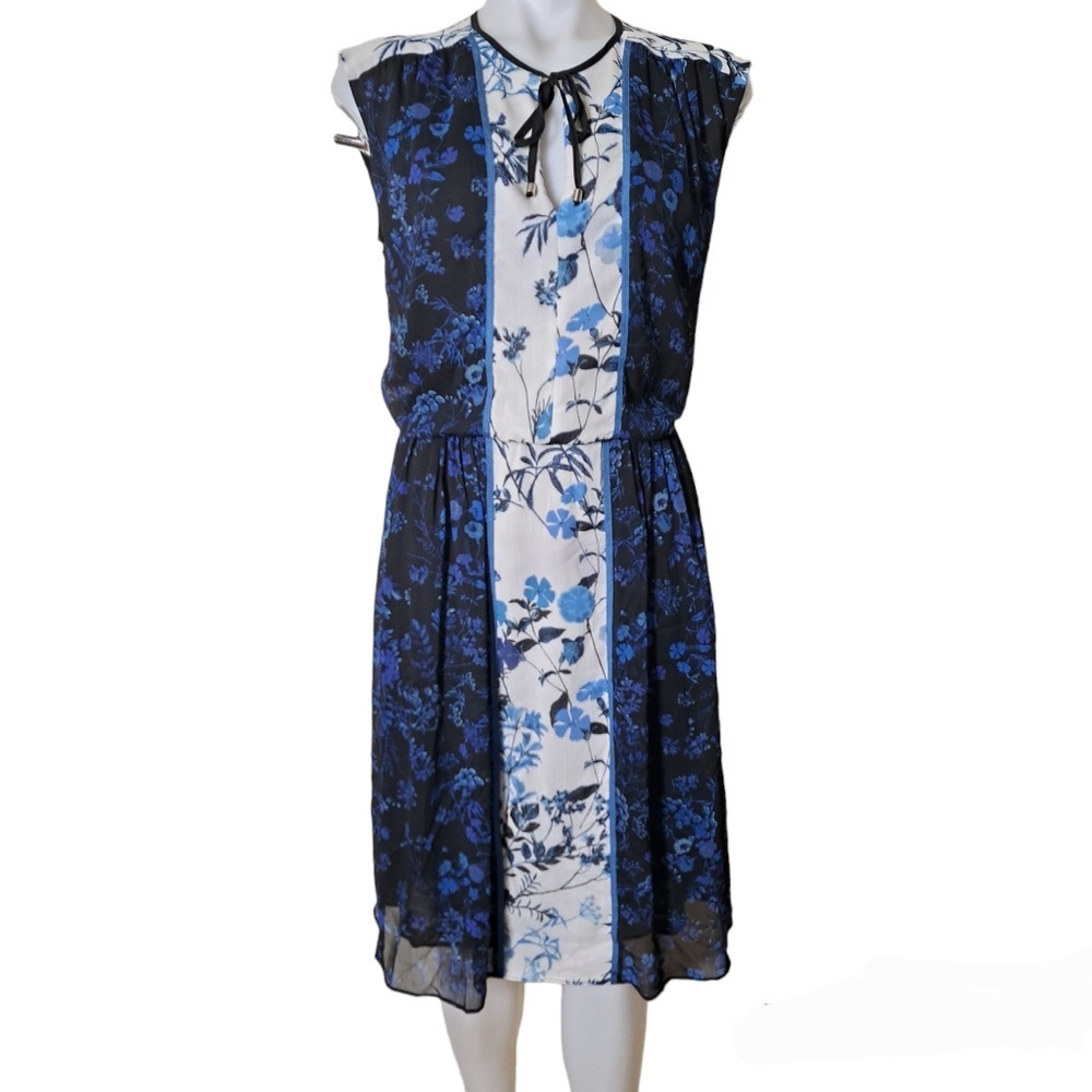 Adrianna Papell Floral Print Blue & White Sleeveless A Line Slip On Dress Size L